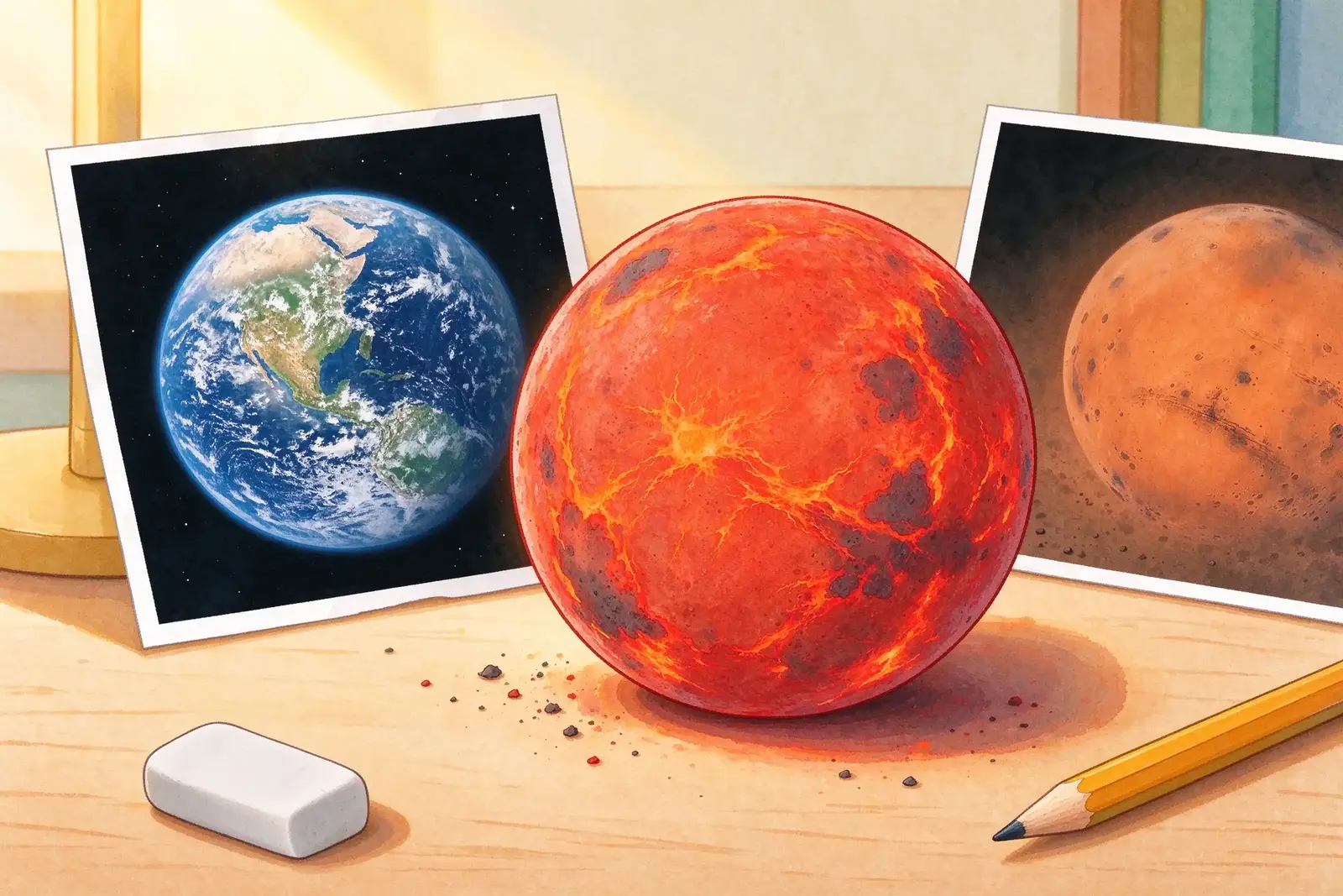 红色火星模型特写，放在桌上一张行星照片旁