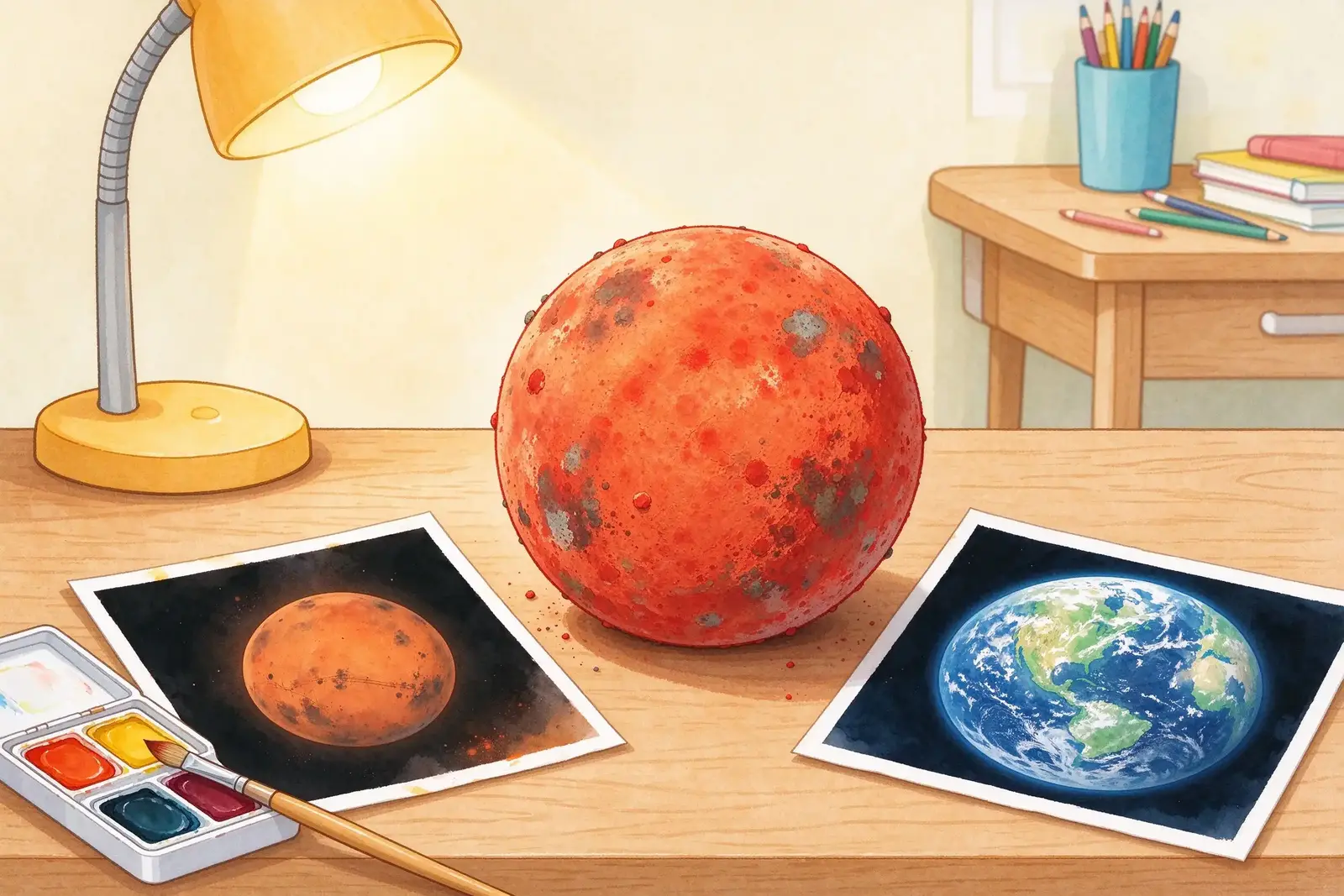 桌上一颗用小球做成的红色火星模型，旁边放着行星照片