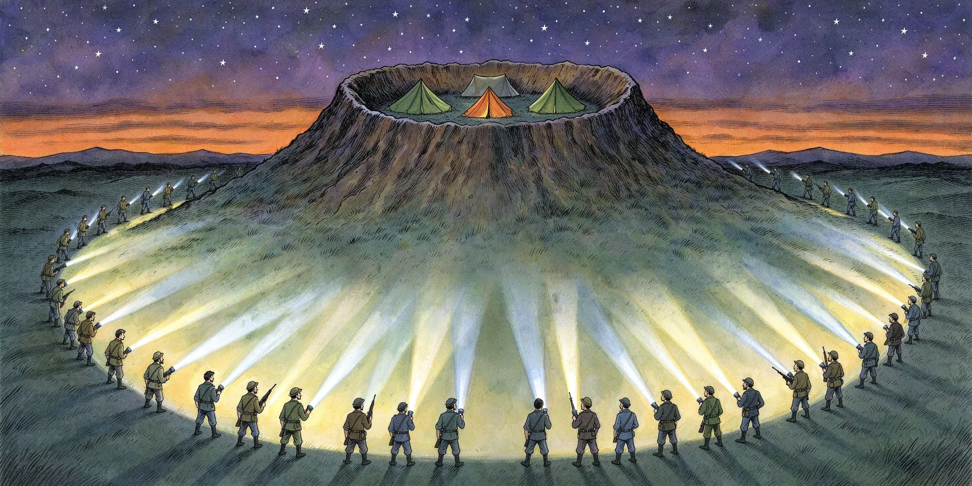 夜晚，火山口里搭起三顶帐篷，周围一圈拿枪拿手电筒的男人把整座山围住，洞里一只小狐狸探出头，又饿又怕