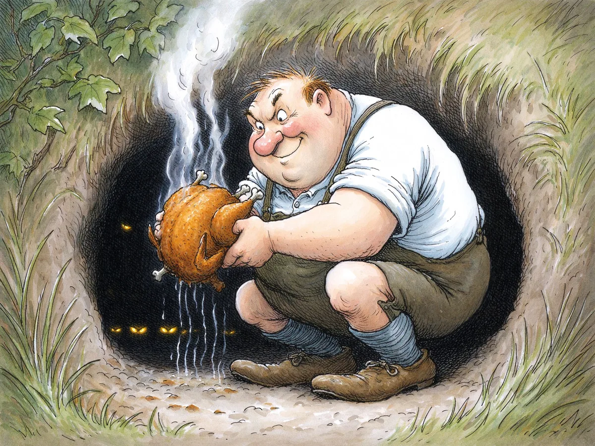 博吉斯拎着热鸡在洞口引诱
