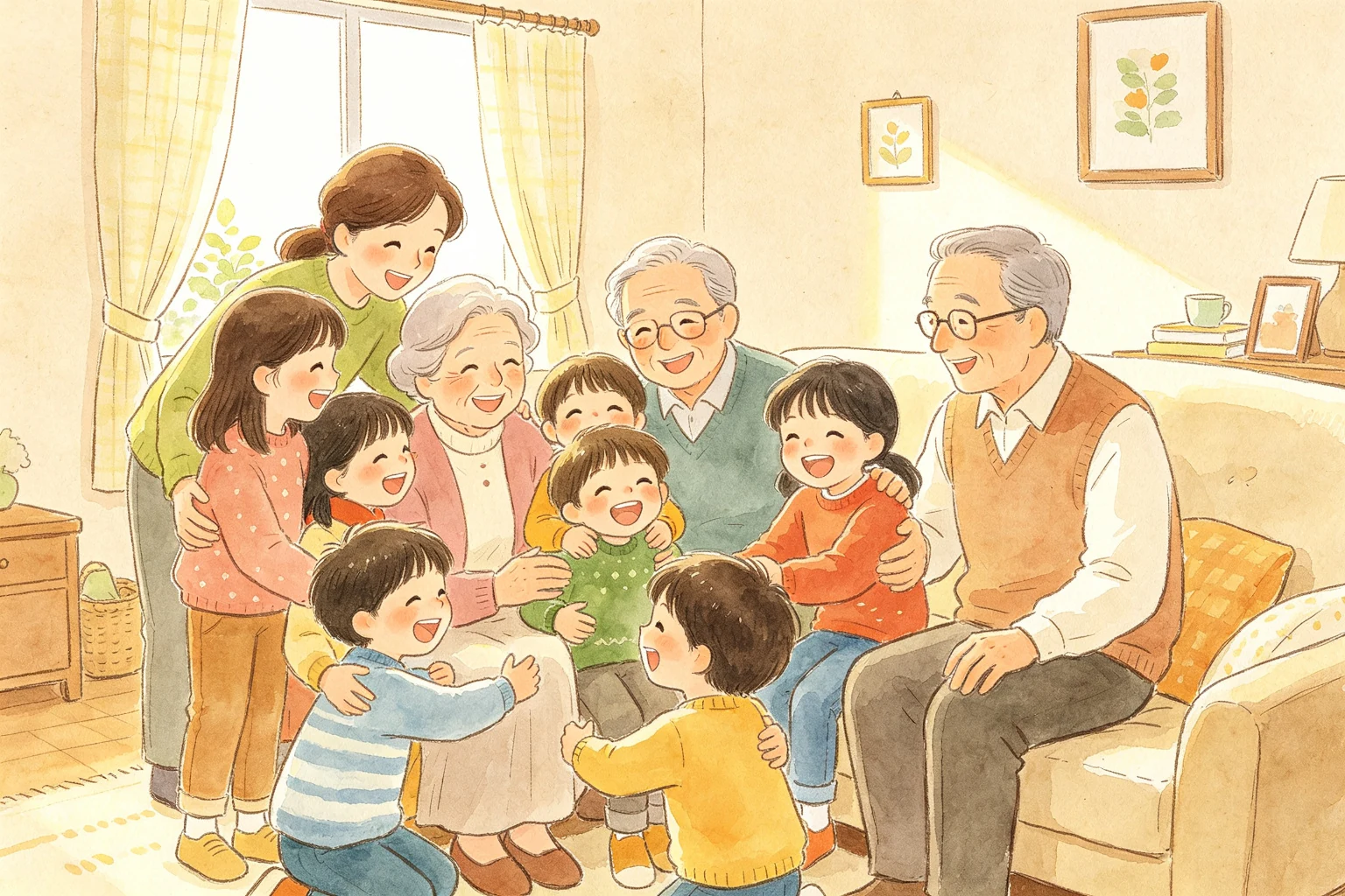 温馨的大家庭插画：三代人围坐在一起，有大人有孩子，大家拥抱欢笑